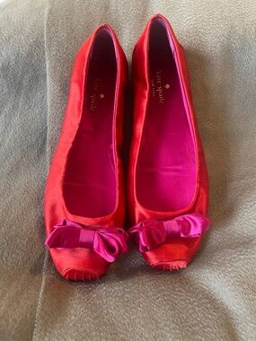 kate spade Red Satin Ballet Flats with Pink Bow